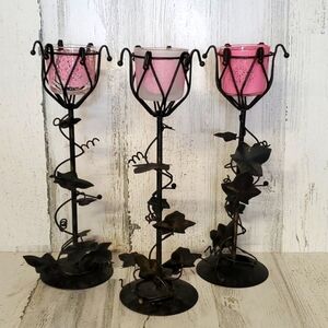 Set of 3 metal vining leaf candle holders with floral glass votiv…